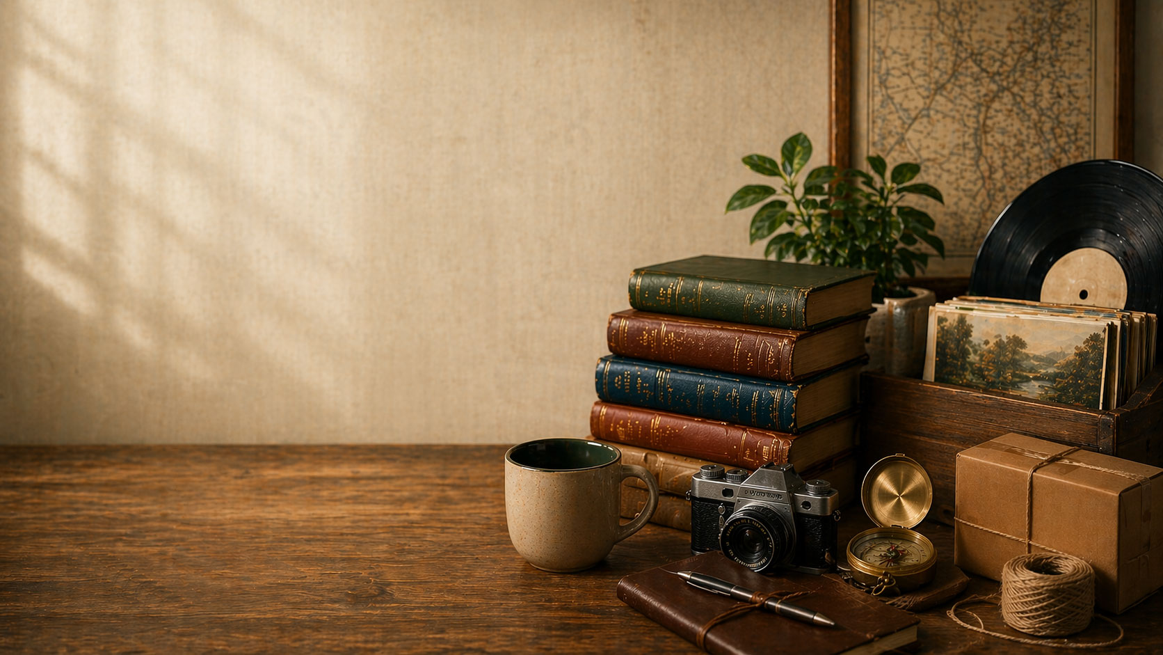 Curated books, media, and vintage objects arranged on a clean tabletop