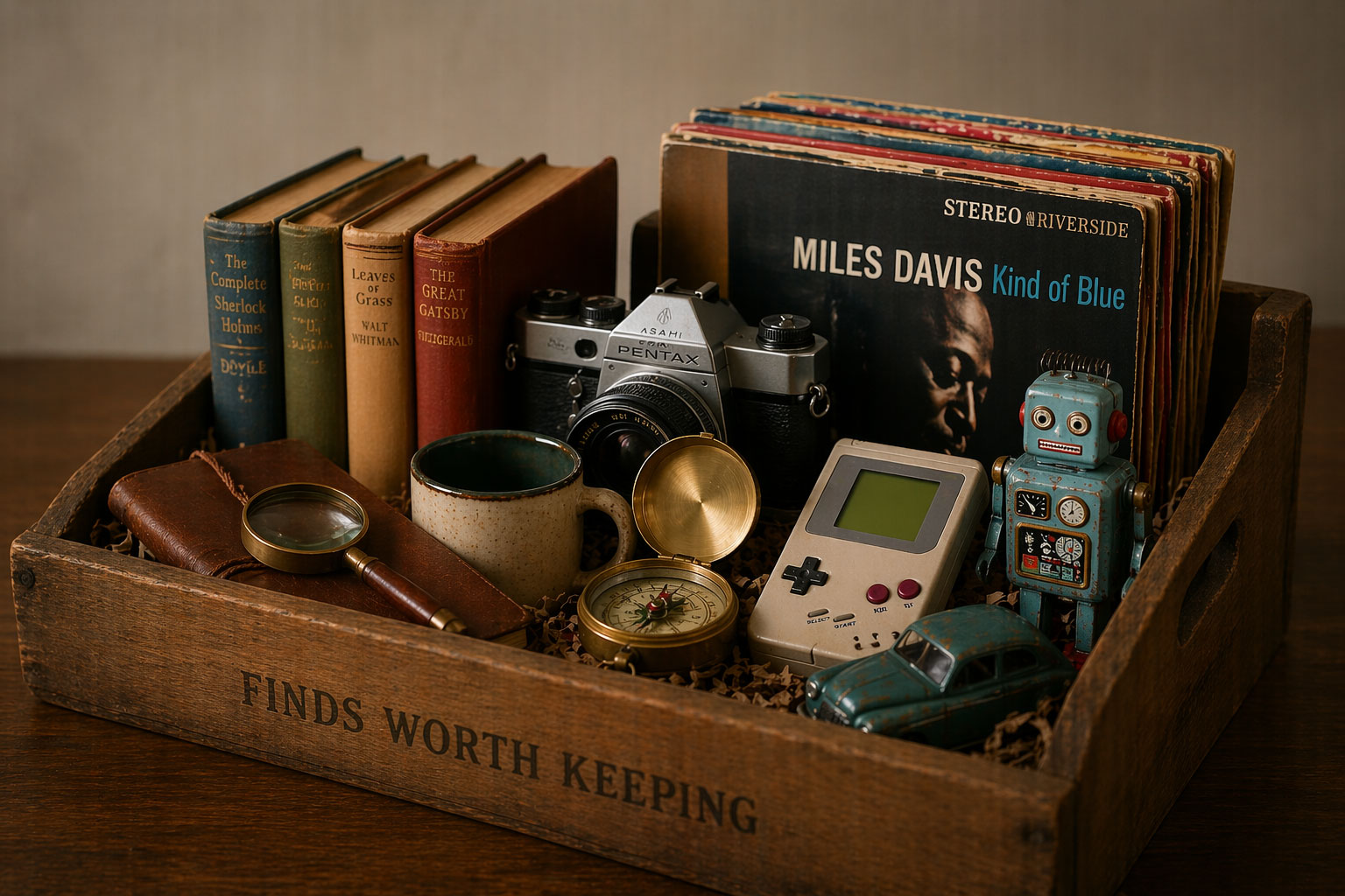 Box of curated vintage media, books, and collectibles for SwiftClick Relics
